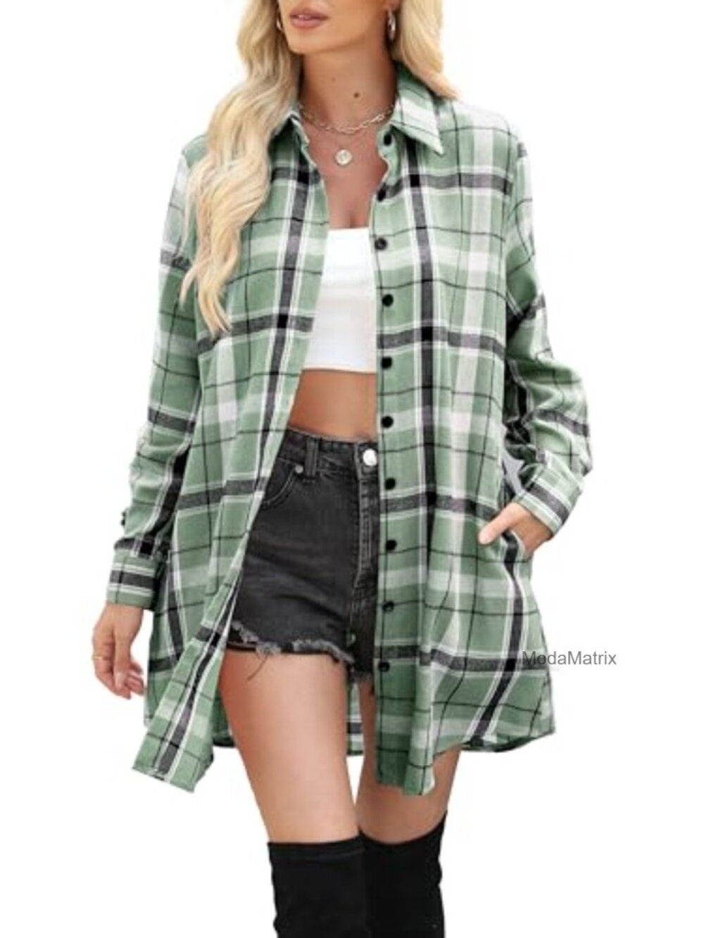 Womens Flannel Button Down Shirt Long Sleeve Plaid Tunic Top